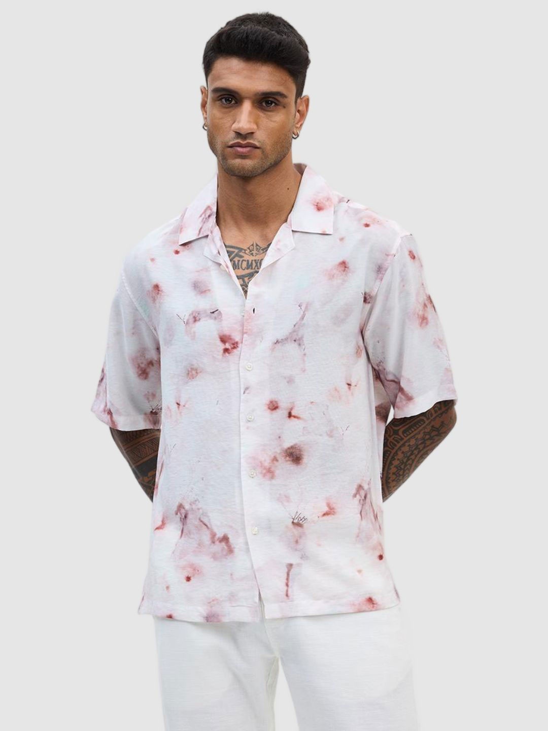 

Snitch Men Relaxed Boxy Fit Cuban Collar Abstract Printed Casual Shirt, Off white