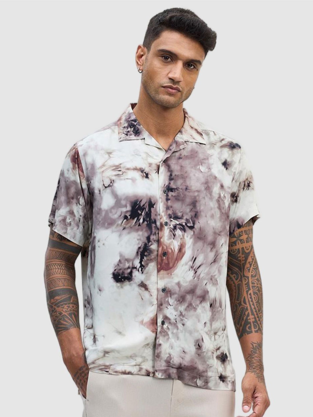 

Snitch Men Relaxed Boxy Fit Cuban Collar Abstract Printed Casual Shirt, Off white