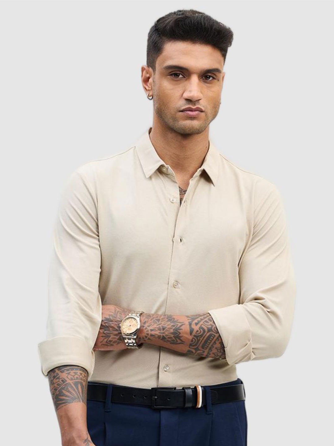 

Snitch Men Smart Slim Fit Spread Collar Textured Cotton Formal Shirt, Cream