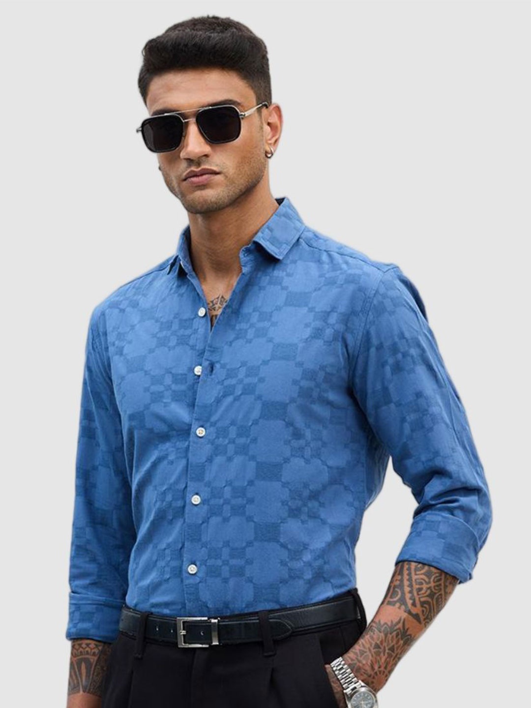 

Snitch Men Smart Slim Fit Spread Collar Textured Cotton Formal Shirt, Blue