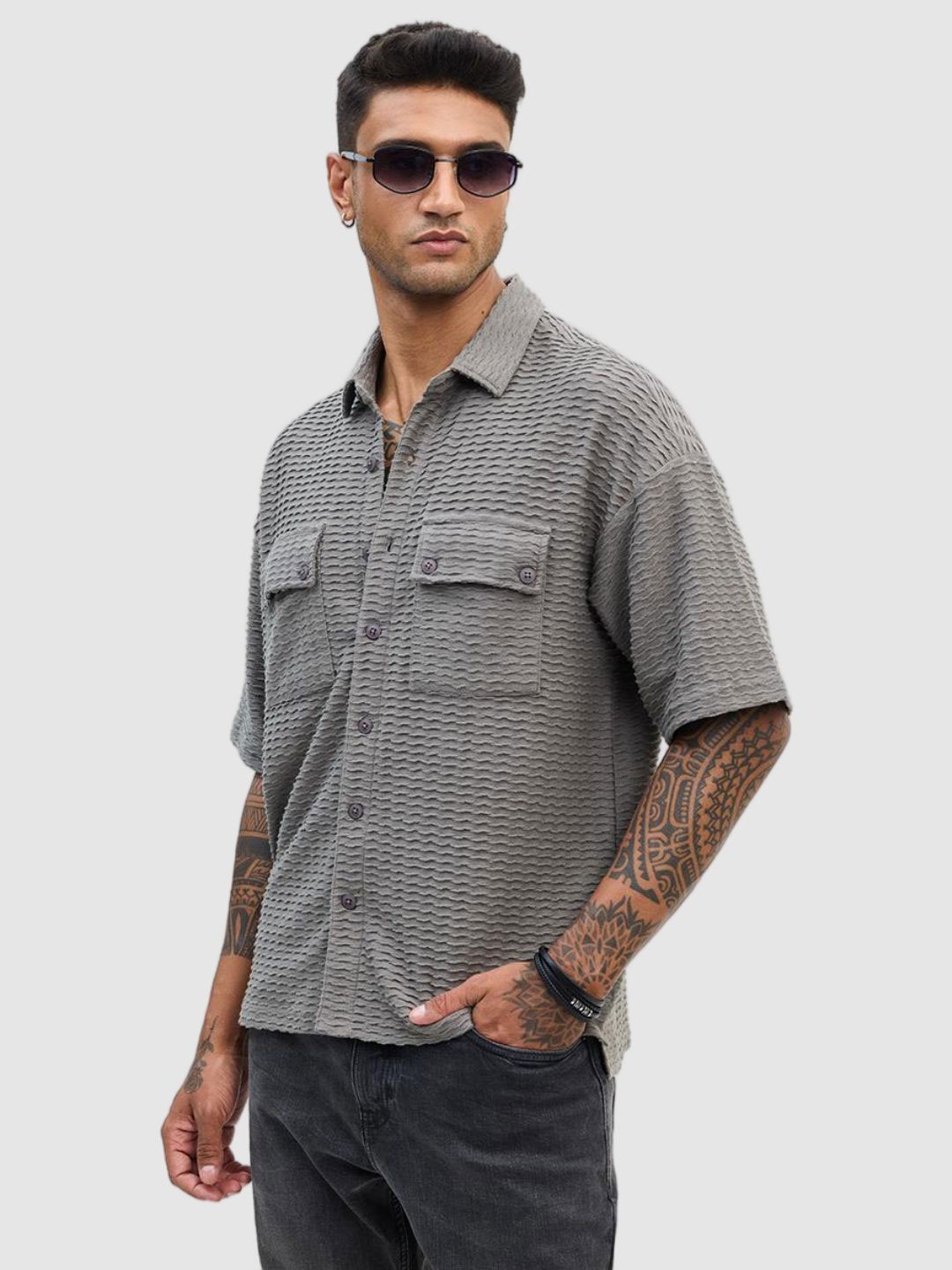 

Snitch Men Relaxed Boxy Fit Spread Collar Textured Cotton Casual Shirt, Grey