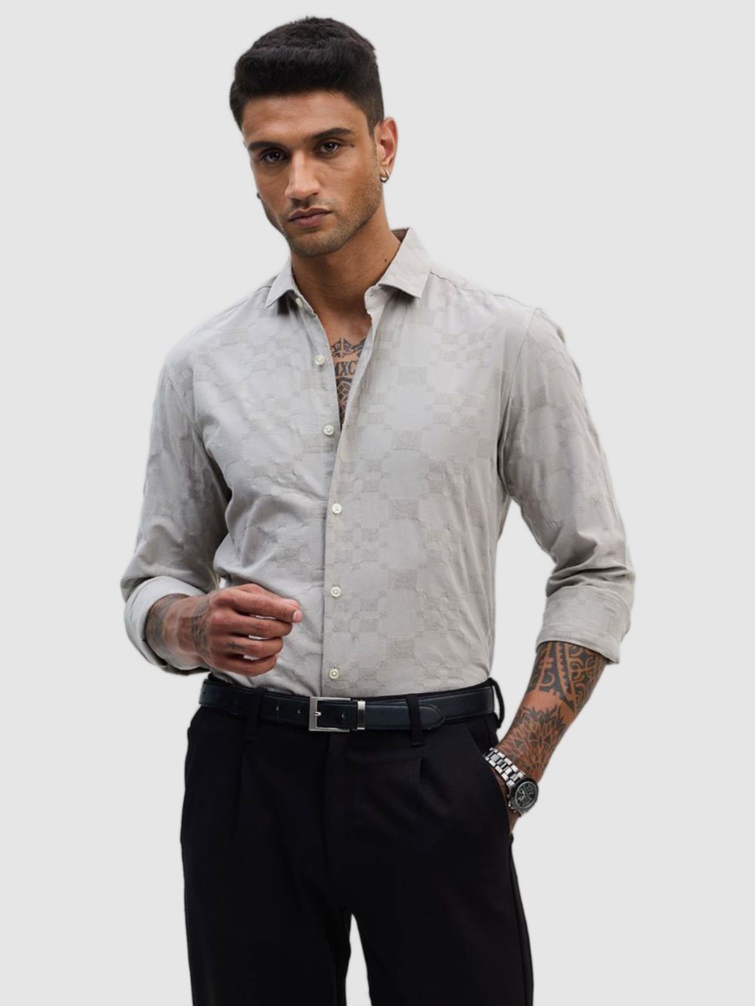 

Snitch Men Smart Slim Fit Spread Collar Textured Cotton Formal Shirt, Grey