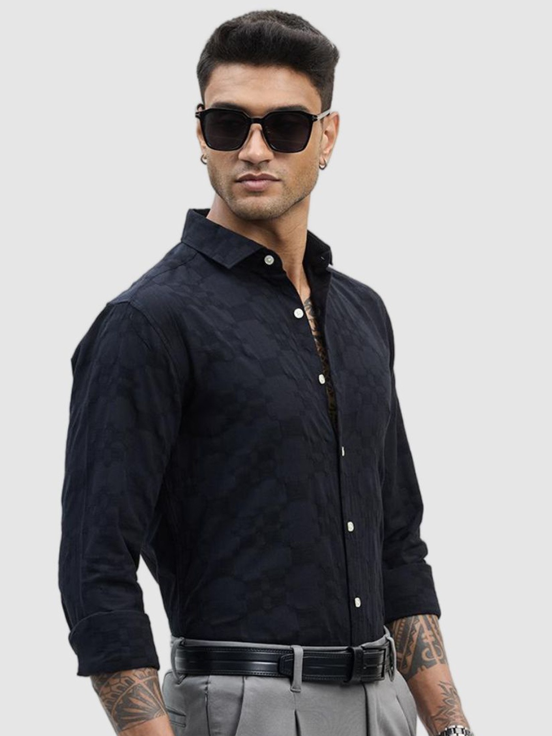

Snitch Men Smart Slim Fit Spread Collar Textured Cotton Formal Shirt, Black