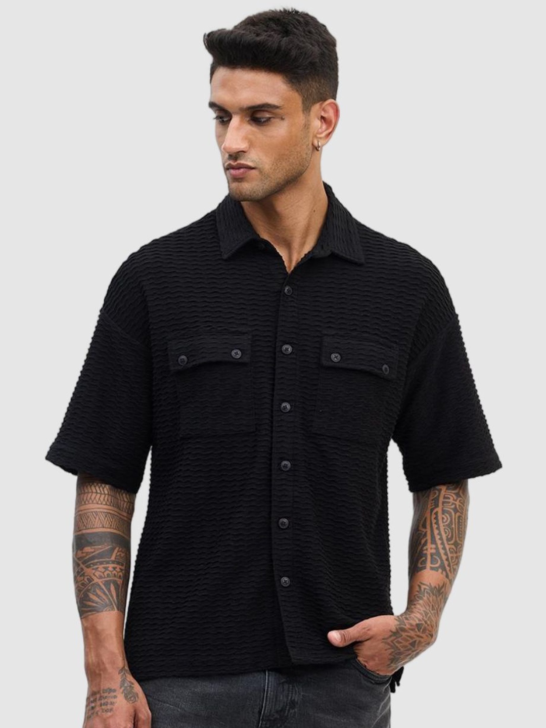 

Snitch Men Solid Spread Collar Relaxed Fit Casual Shirt, Black