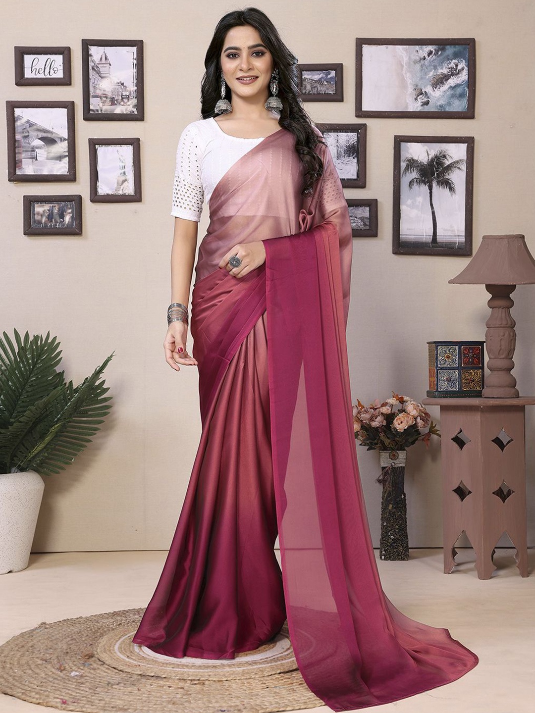 

Panzora Ombre Satin Ready to Wear Saree With Unstitched Blouse Piece, Peach