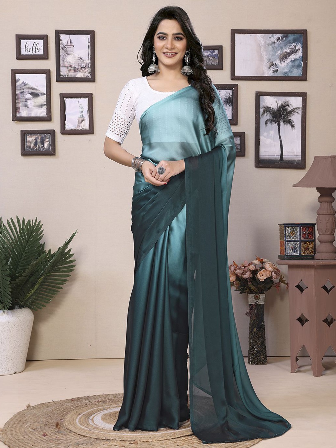 

Panzora Ombre Ready to Wear Saree With Unstitched Blouse Piece, Teal