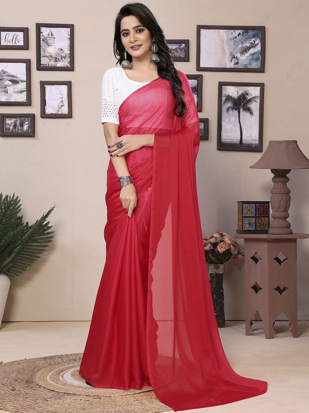

Panzora Satin Ready to Wear Saree, Red