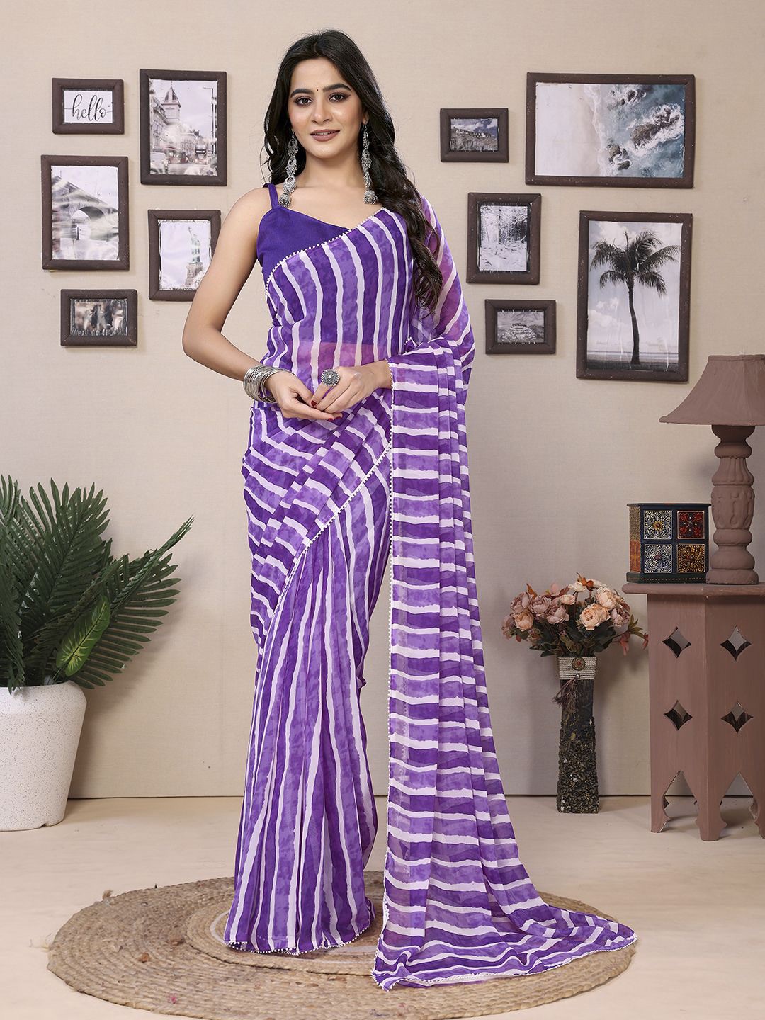 

Panzora Striped Beads and Stones Poly Georgette Ready to Wear Saree, Purple