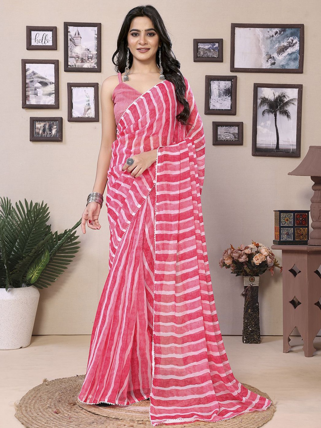 

Panzora Striped Ready to Wear Saree With Unstitched Blouse Piece, Pink