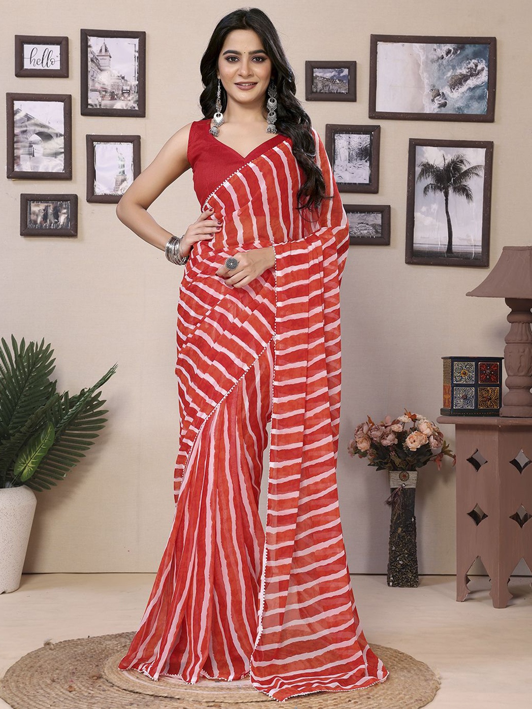 

Panzora Striped Sequinned Ready to Wear Saree, Red