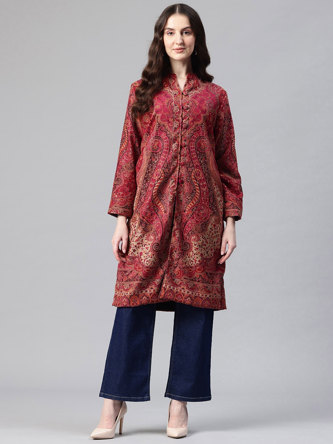 

SWI Stylish Women Floral Lightweight Pheran Tailored Jacket, Maroon