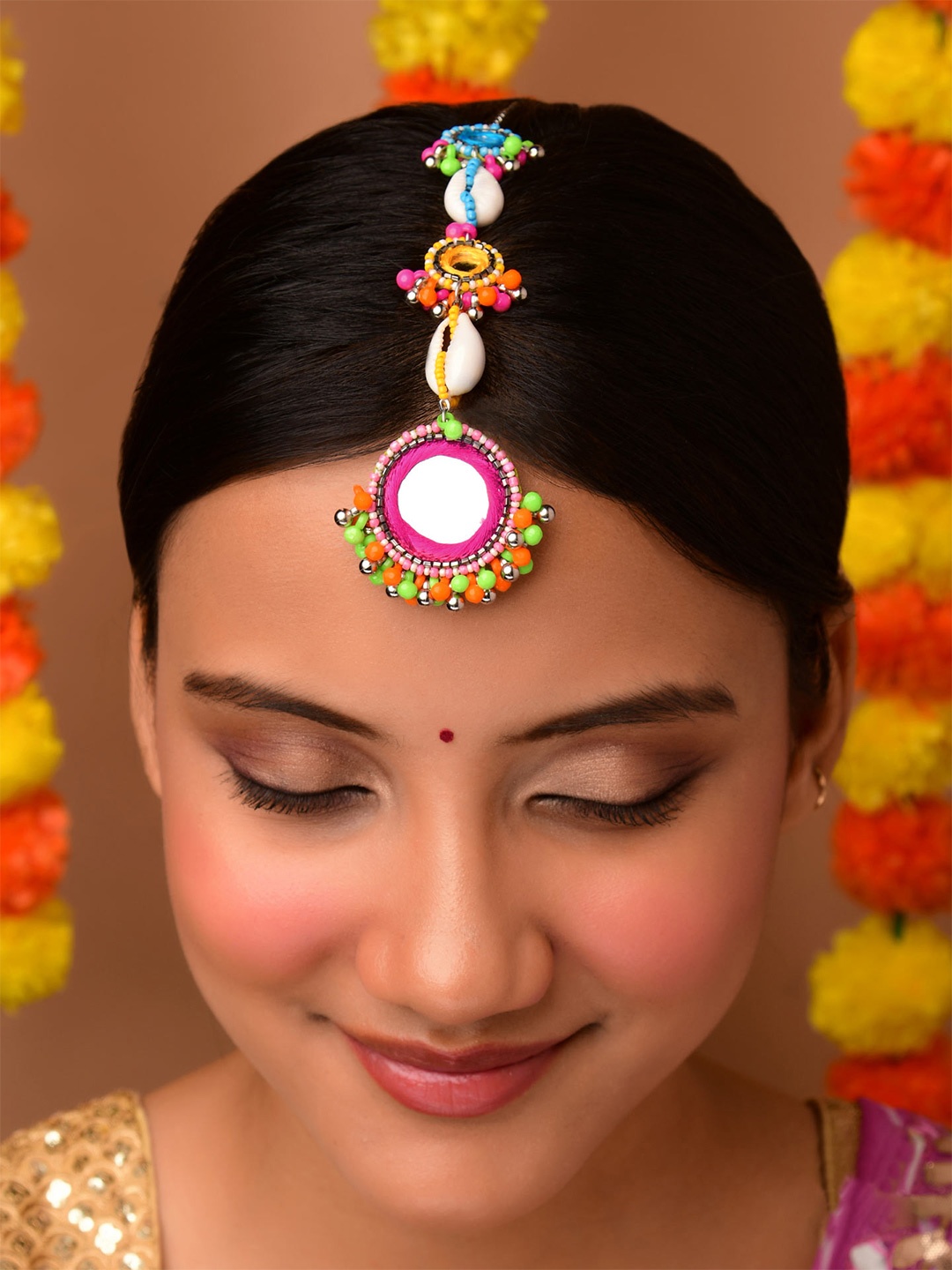 

EVERSTYLISH Sanjoya Shell, Beads & Mirror Embroidered Maangtika, Silver