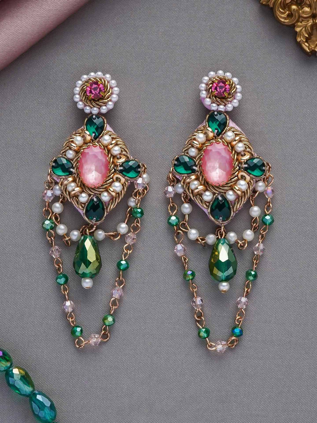 

EVERSTYLISH Sanjoya Stone Studded & Beaded Classic Shaped Drop Earrings, Silver