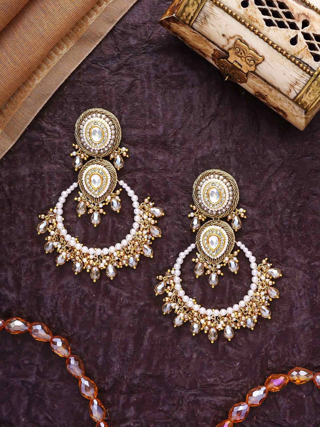 

EVERSTYLISH Sanjoya Artificial Stones Studded and Beaded Chandbalis, Gold