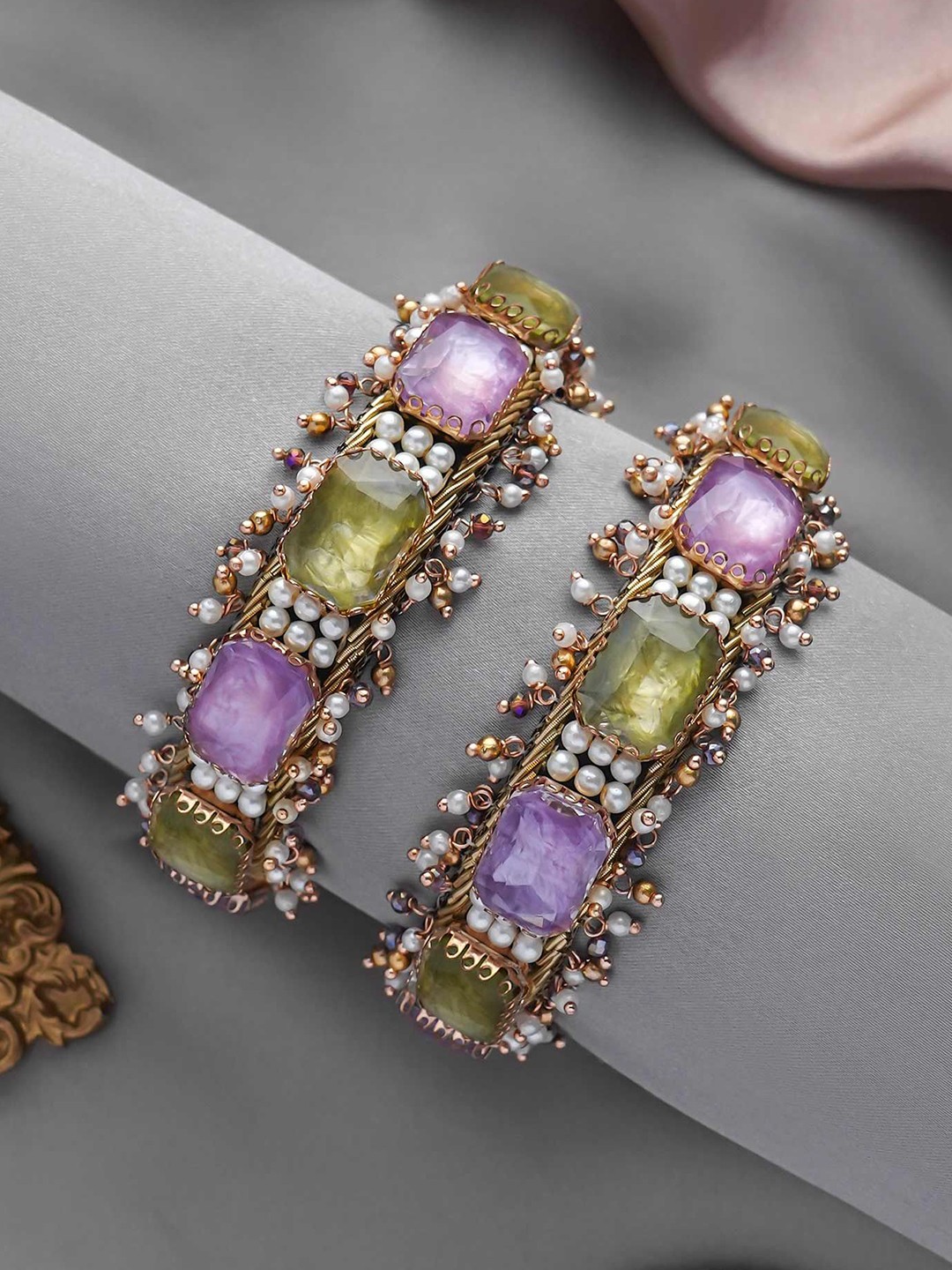 

EVERSTYLISH Sanjoya Set Of 2 Stone & Beads Embroidered Bangles, Gold