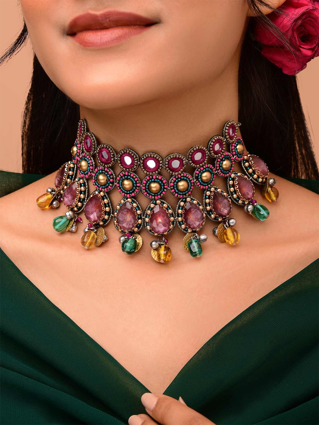 

EVERSTYLISH Sanjoya Mirror, Stones & Glass Drops Embroidered Oxidised Choker Neckpiece, Gold