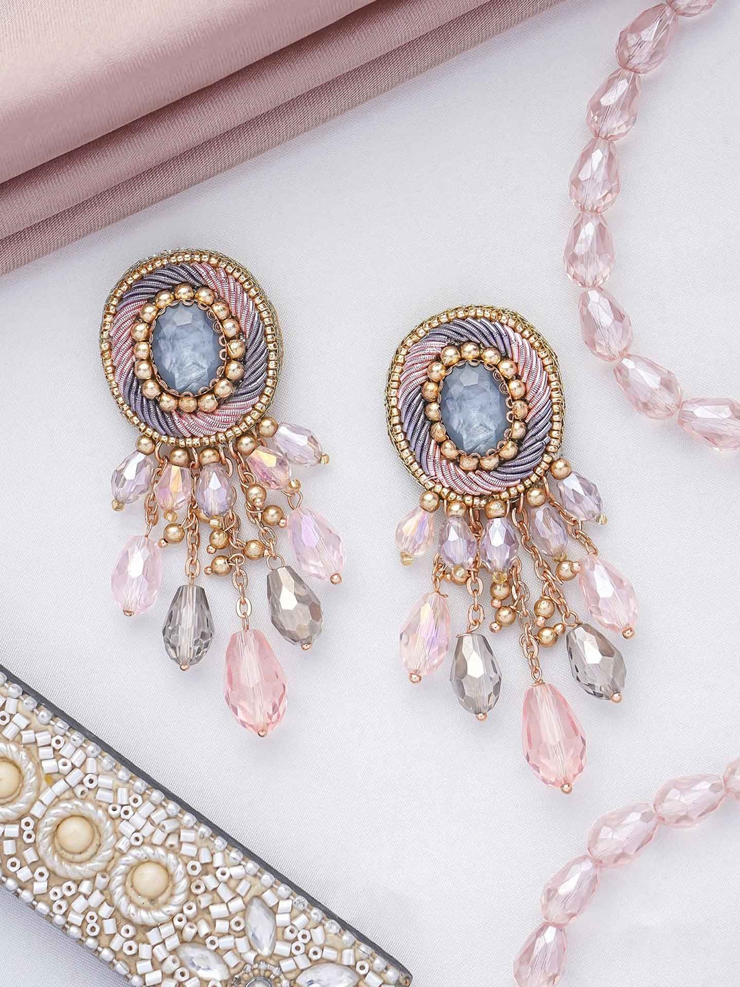 

EVERSTYLISH Sanjoya Stone, Beads & Glass Drop Embroidered Earrings, Gold