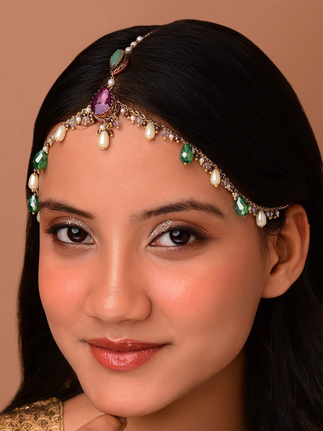

EVERSTYLISH Sanjoya Stone Studded & Pearls Beaded Matha Patti, Gold