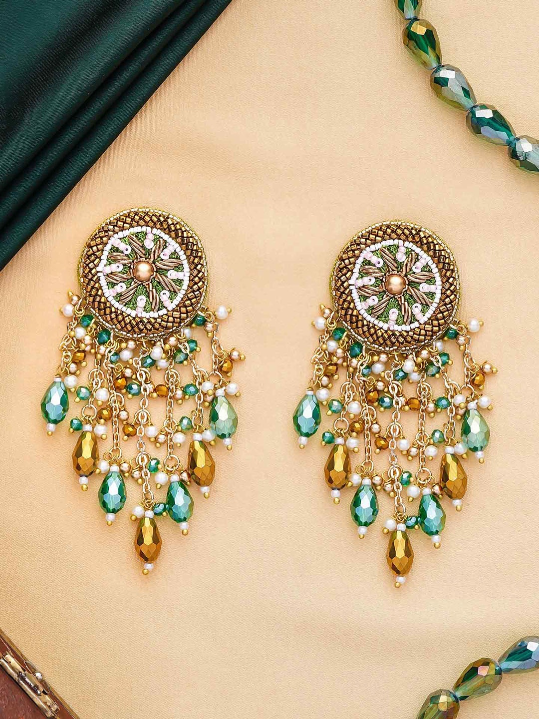 

EVERSTYLISH Sanjoya Artificial Stones Studded And Beaded Circular Shaped Drop Earrings, Gold