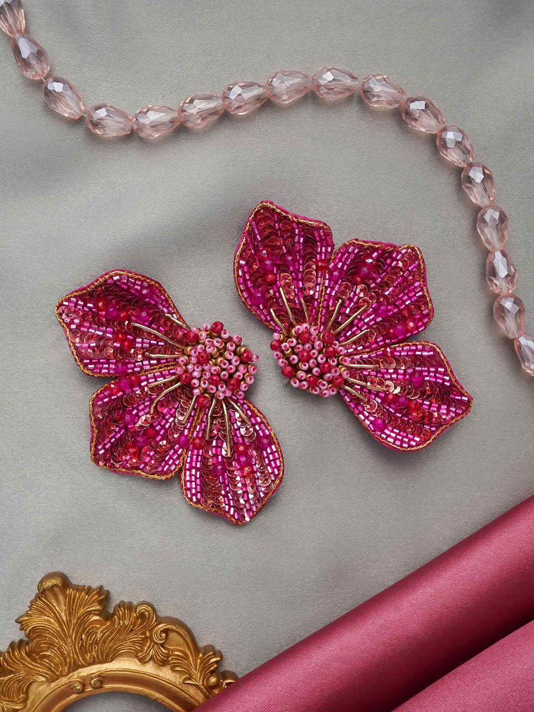 

EVERSTYLISH Sanjoya Sequins & Beads Embroidered Stud Earrings, Pink