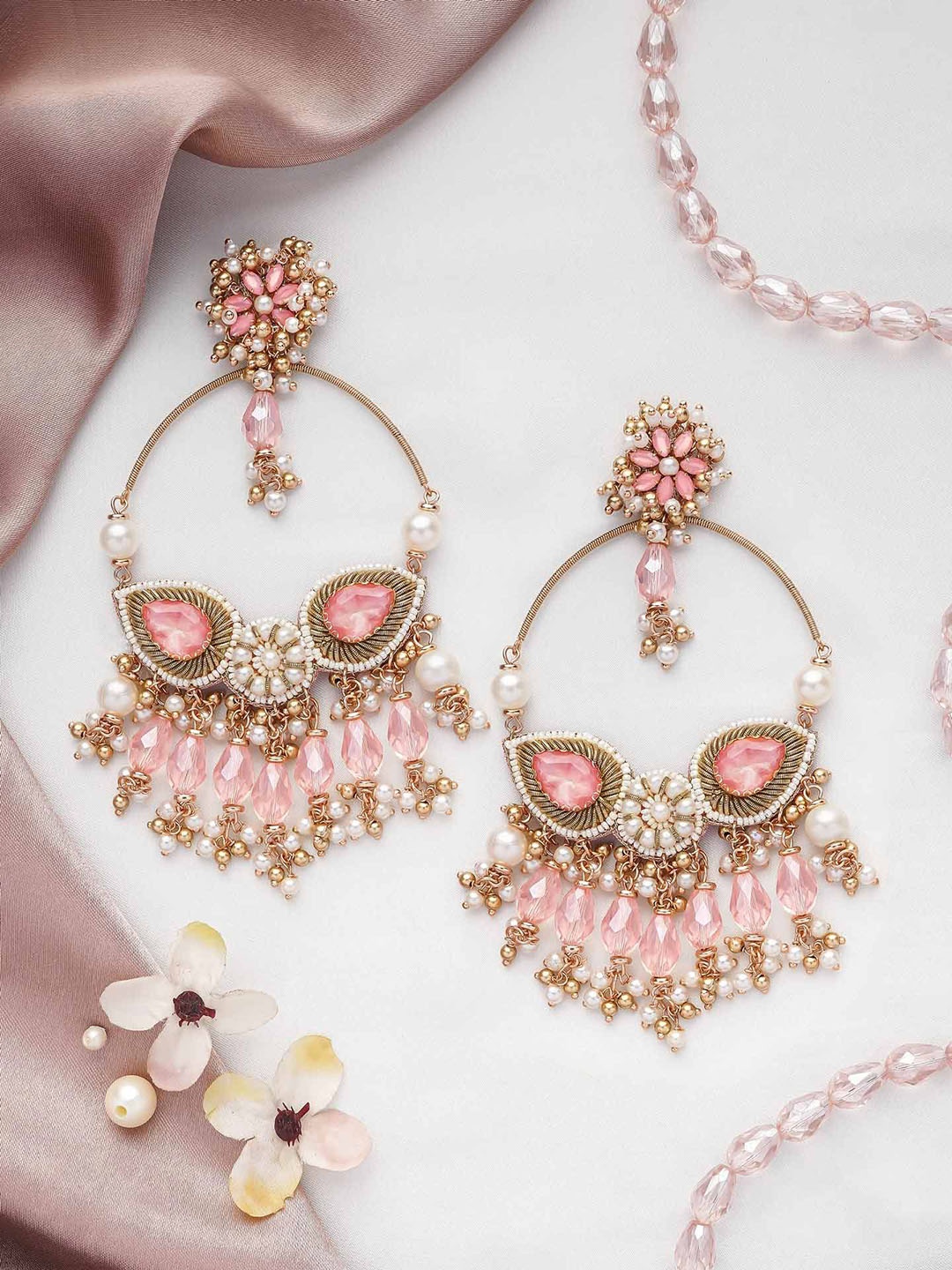 

EVERSTYLISH Sanjoya Gold-Plated Artificial Stones Studded And Beaded Chandbalis, Pink