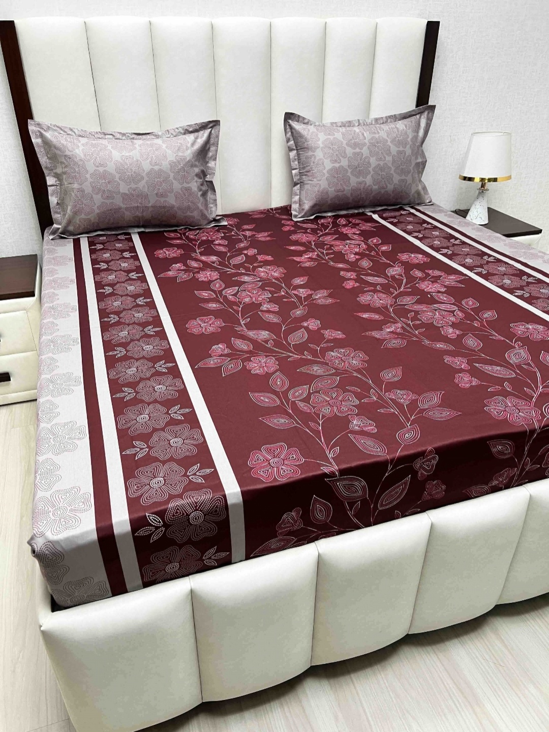 

Pure Decor Velar Sib Maroon & White Floral Pure Cotton 240TC King Bedsheet Set-2.74mx2.74m