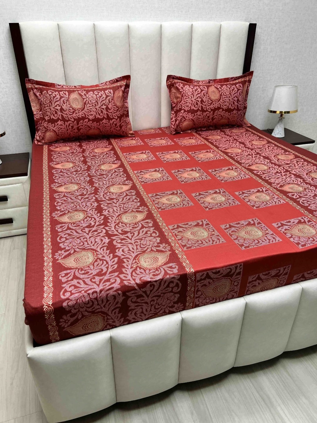 

Pure Decor Velar Sib Red & White Ethnic Pure Cotton 240 TC King Bedsheet Set-2.74mx2.74m