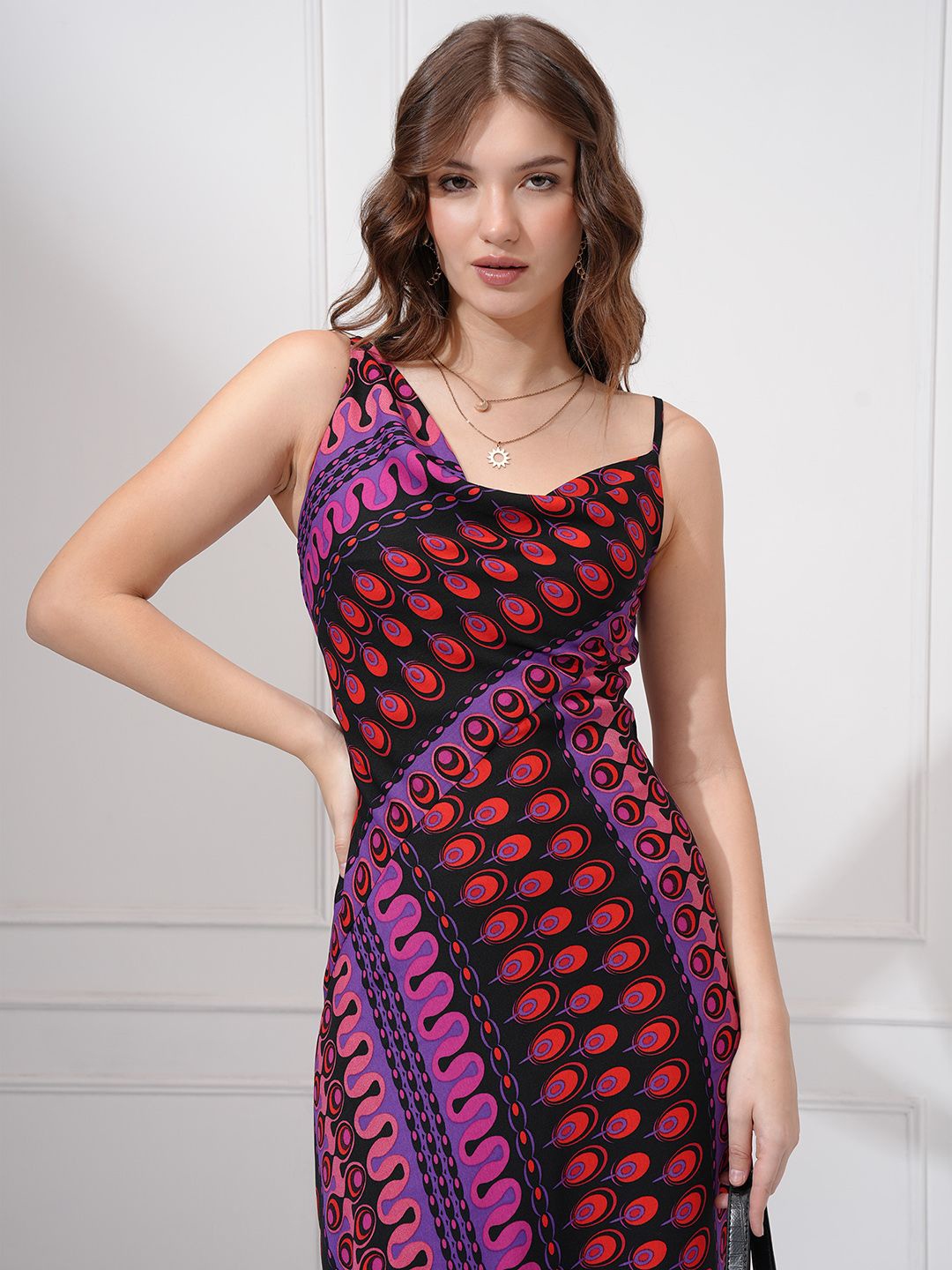 

Tokyo Talkies Women Geometric Printed A-Line Midi Dress, Purple