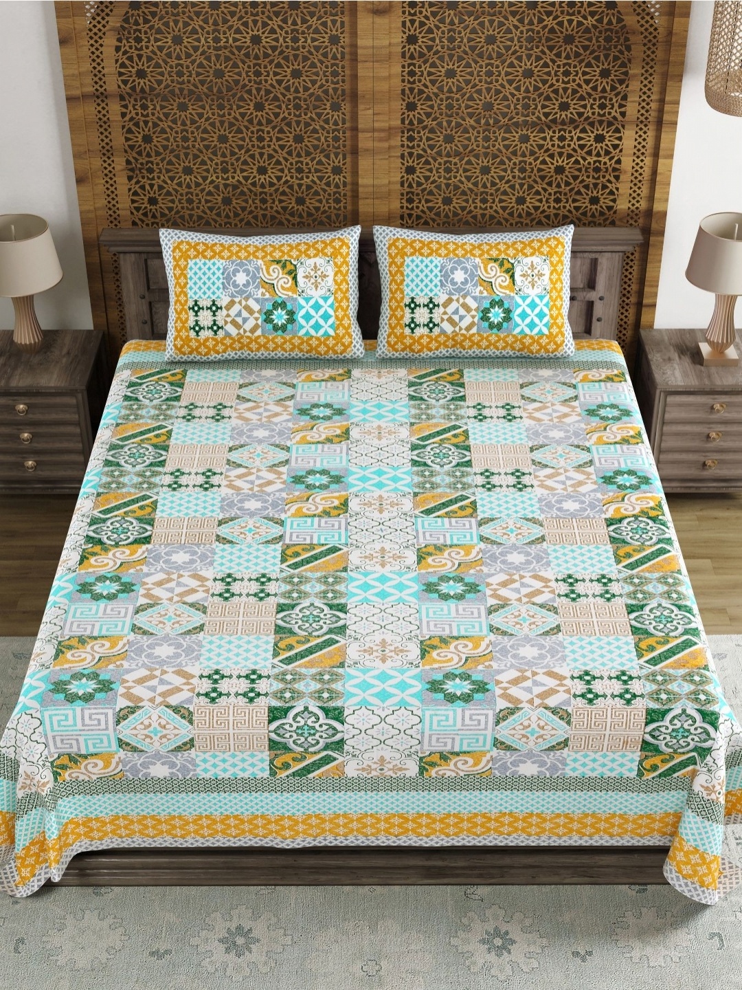 

BLOCKS OF INDIA Green & White Ethnic Motifs 210 TC Cotton King Bedsheet Set