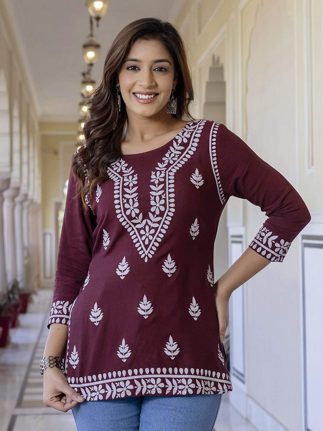 

ANNU PARIDHAN Floral Printed Round Neck Top, Maroon