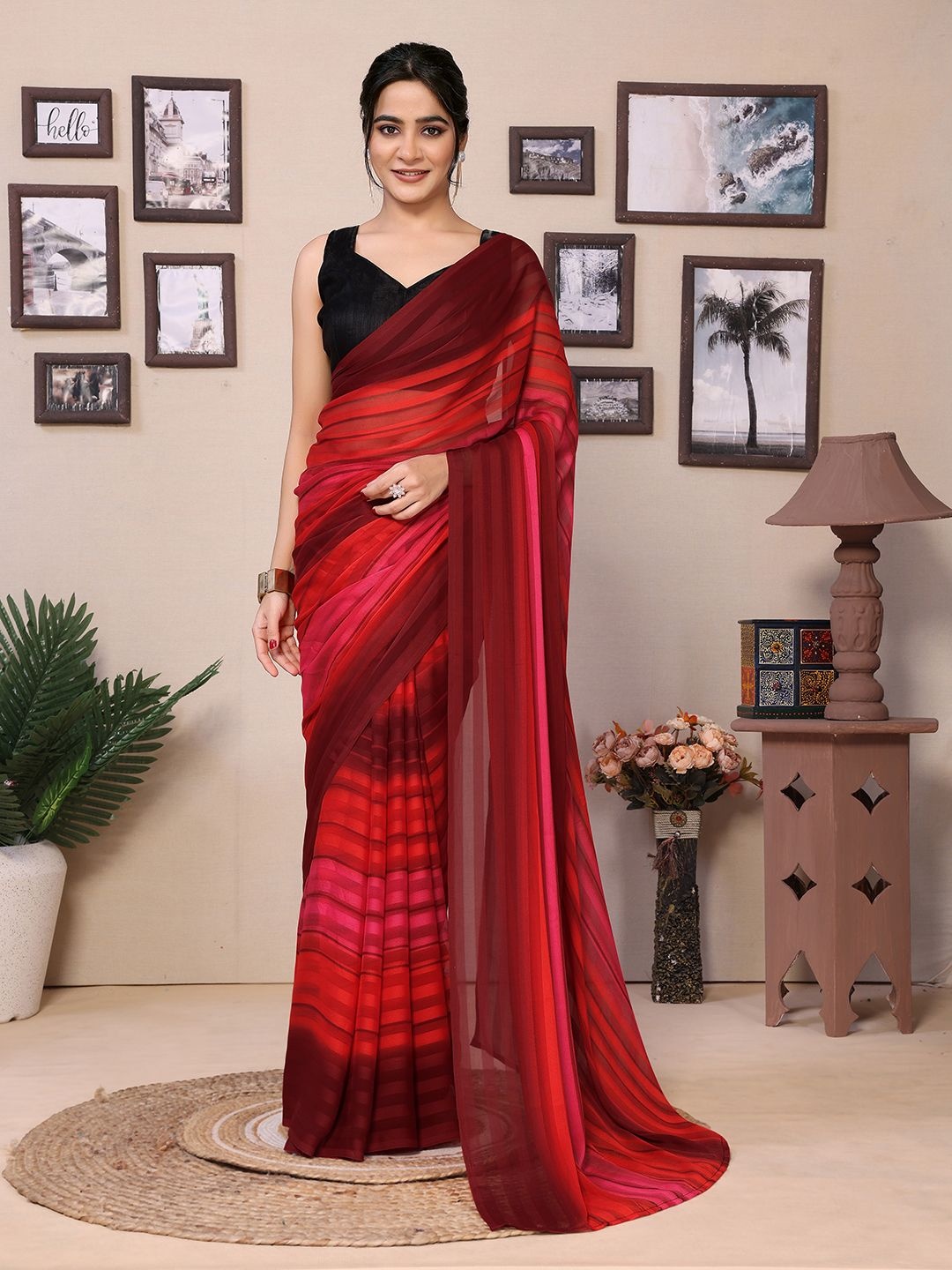 

Panzora Striped Poly Georgette Ready to Wear Saree, Red