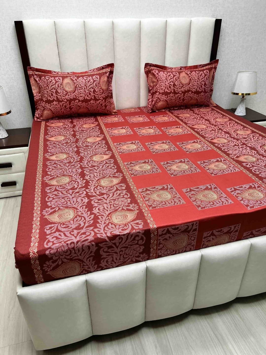 

Pure Decor Velar Sib Red & White Ethnic Motifs Cotton 230 TC King Bedsheet Set-2.74mx2.74m