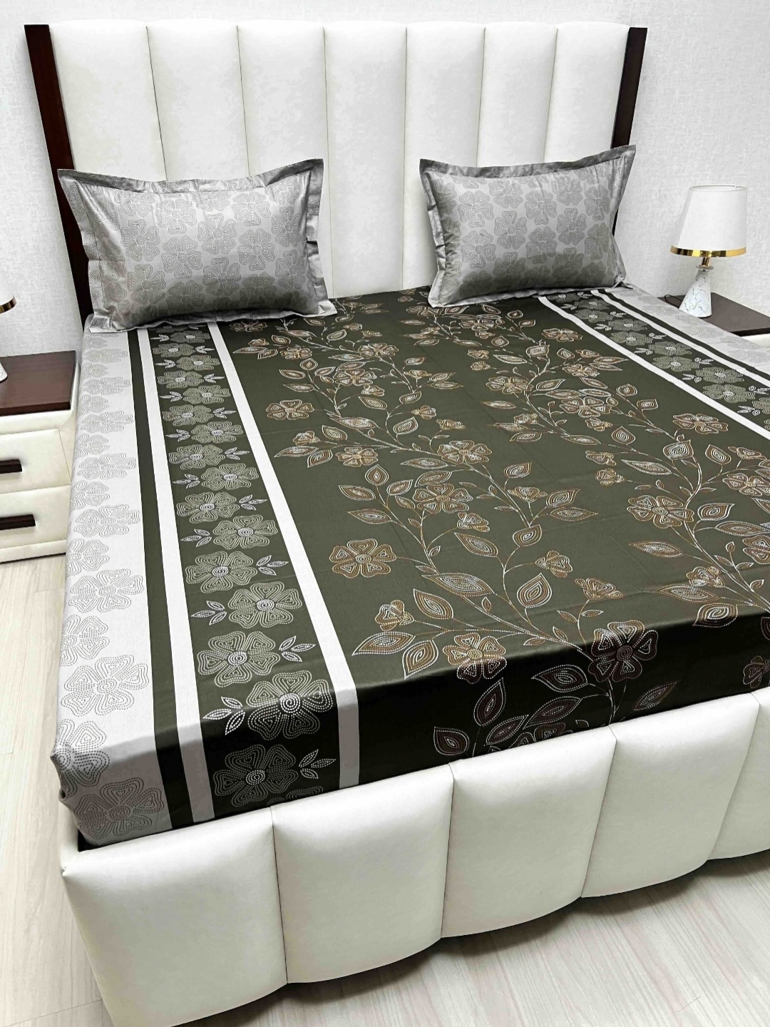 Pure Decor Velar Sib Brown & White Floral Pure Cotton 230TC King Bedsheet Set-2.74mx2.74m