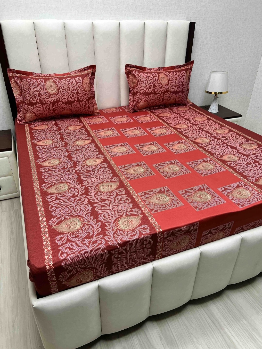 

Pure Decor Velar Sib Red & White Ethnic Pure Cotton 220 TC King Bedsheet Set-2.74mx2.74m