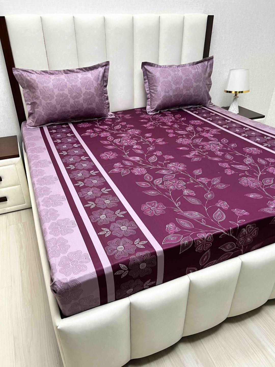 

Pure Decor Velar Sib Purple & White Floral Cotton 220 TC King Bedsheet Set-2.74mx2.74m