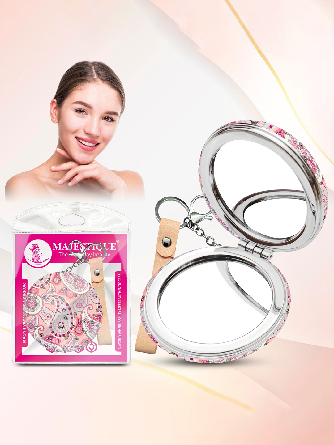 

MAJESTIQUE Magnifying Compact Folding Mirror With Key Chain, Pink