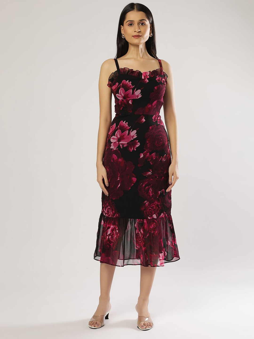 PEACH & PANDA Women Floral Printed Ruffles Tiered A-Line Dress, Black