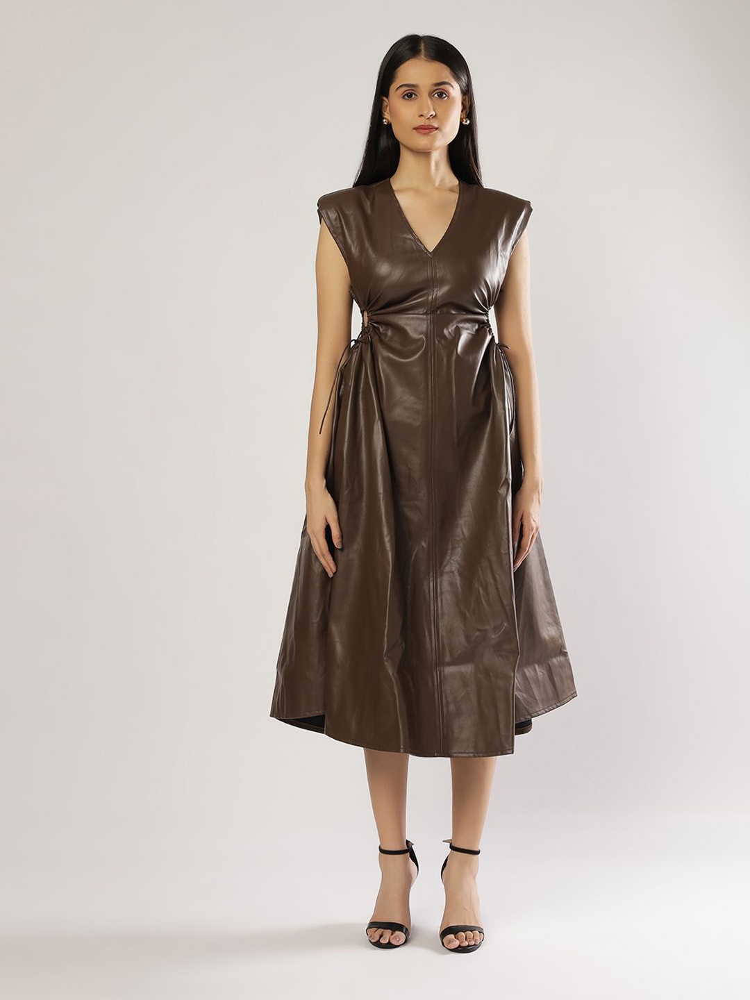 

PEACH & PANDA Women Leather Fit and Flare Dress with Adjustable Side Cutouts, Brown