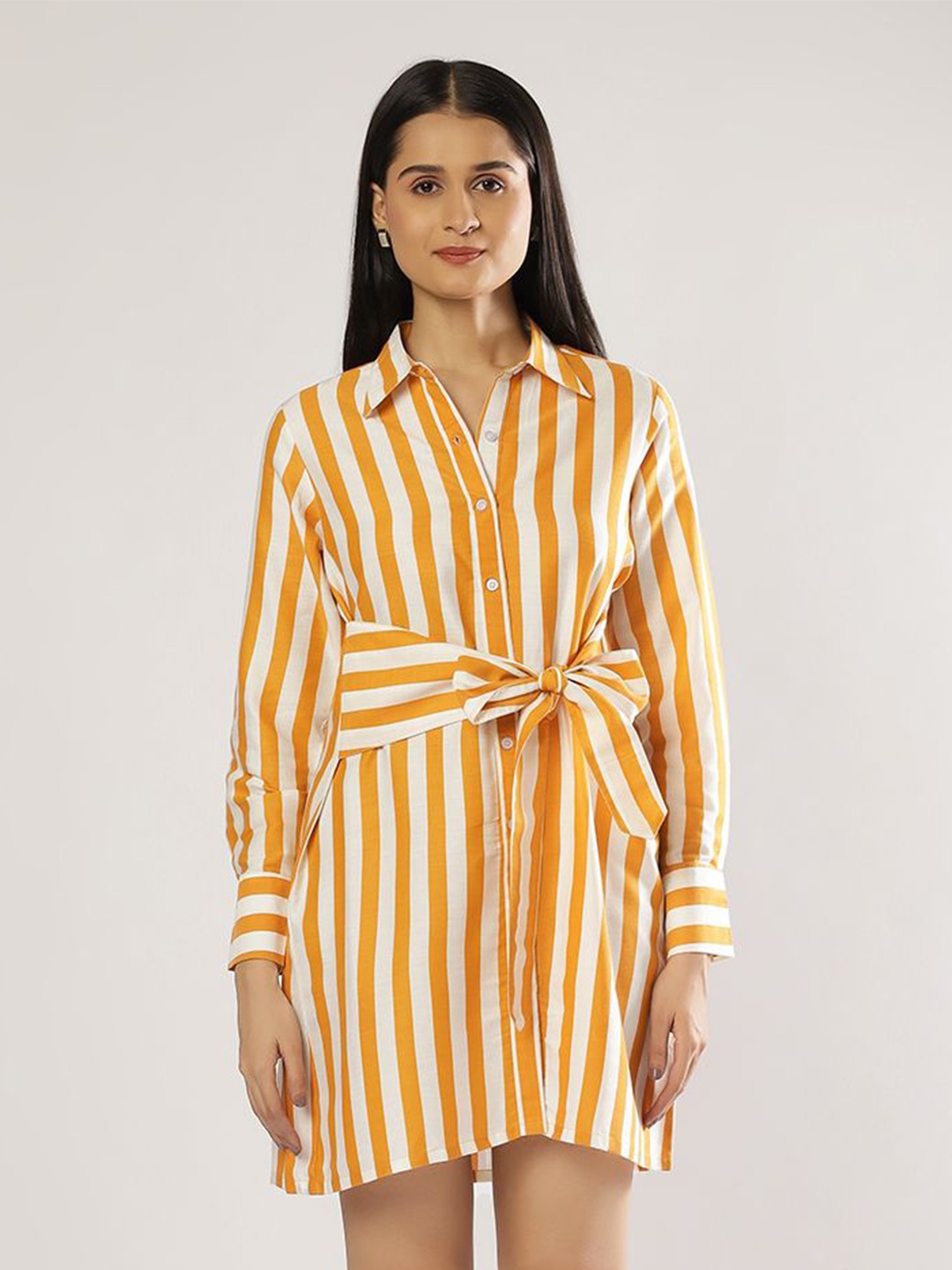 

PEACH & PANDA Women Cotton Striped Shirt Dress Comes with a belt, Yellow