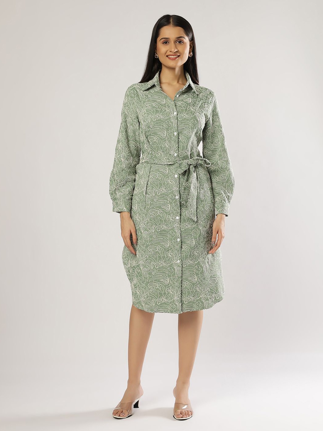 

PEACH & PANDA Women Floral Embroidered Cotton Shirt Dress Comes with a belt, Green