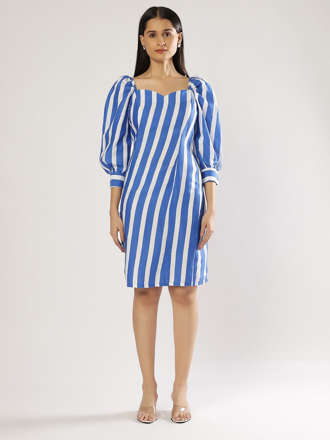 

PEACH & PANDA Women Striped Cotton A-Line Dress, Blue