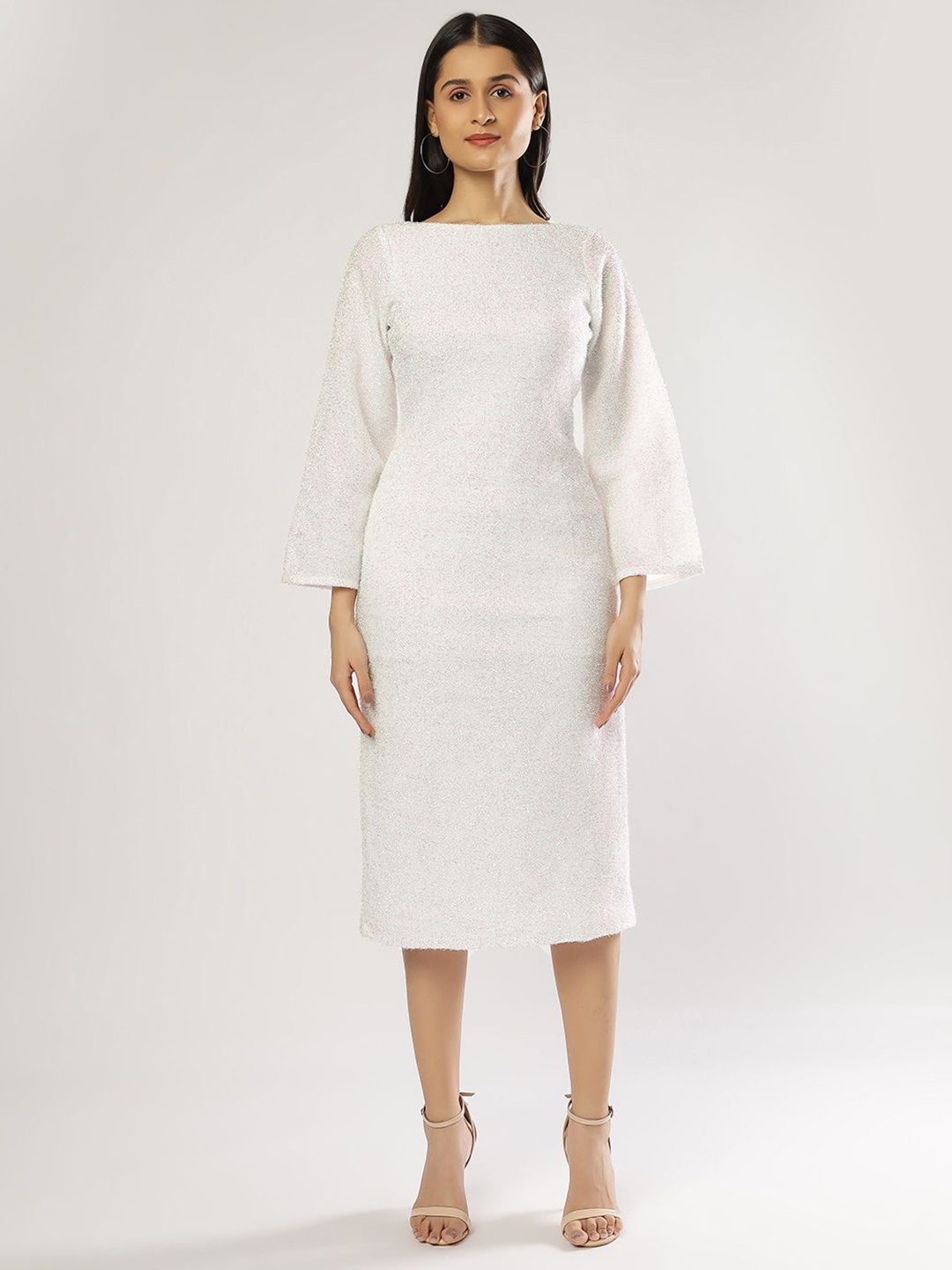 

PEACH & PANDA Women Flared Sleeve Sheath Midi Dress, White