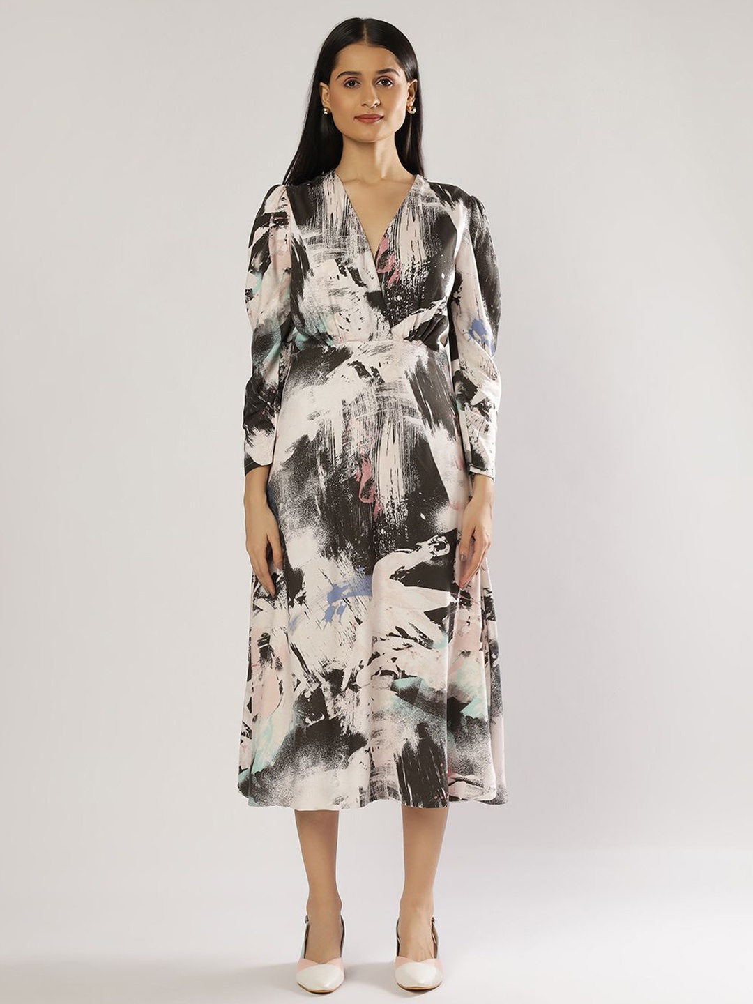 

PEACH & PANDA Women V-Neck A-Line Midi Dress, Off white