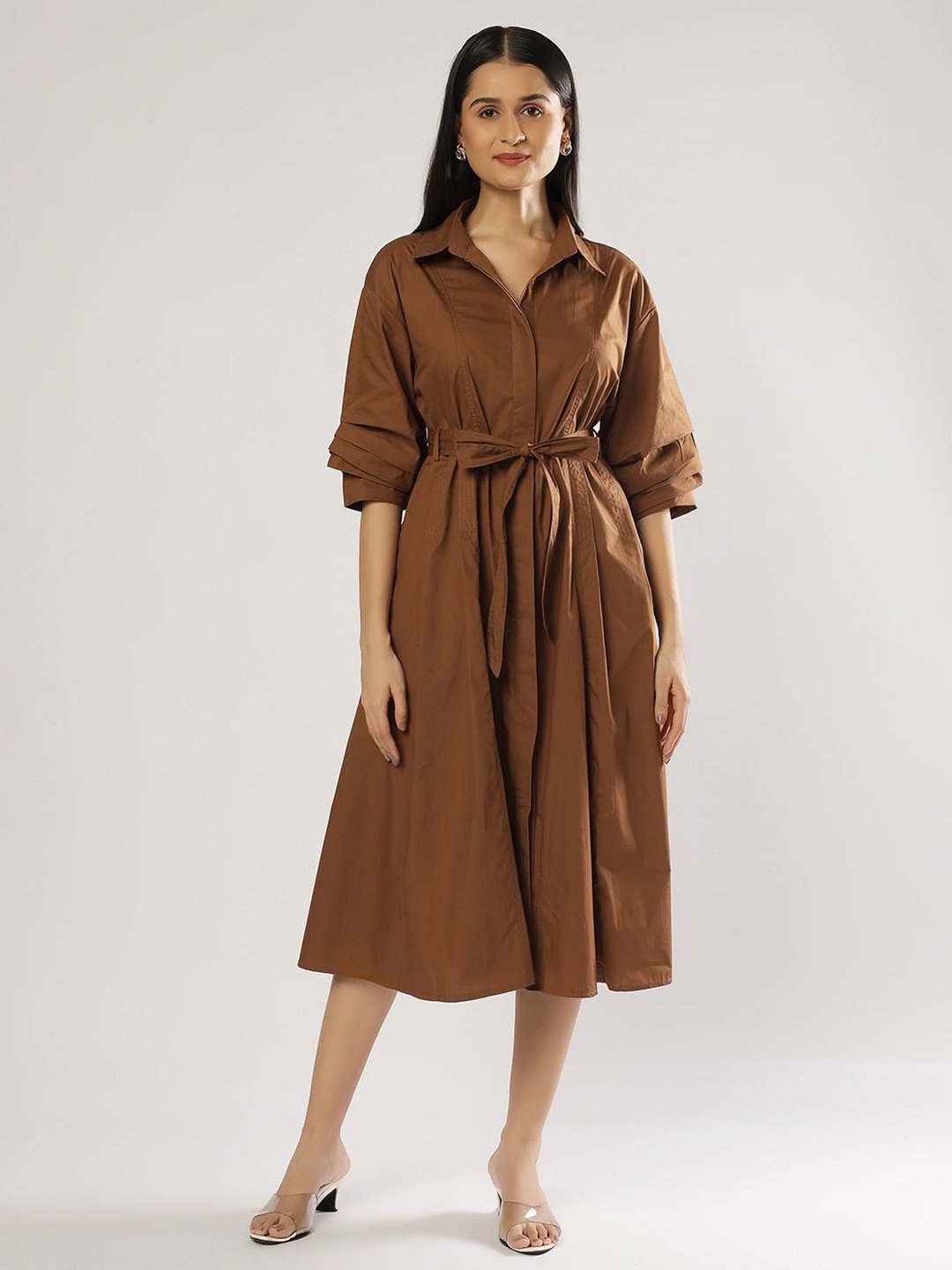 

PEACH & PANDA Women Puff Sleeves Shirt Dress, Brown