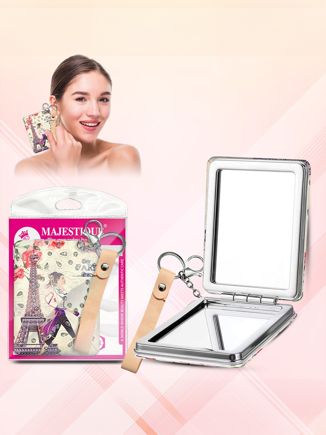 

MAJESTIQUE Magnifying Square Folding Mirror With Key Chain, Beige