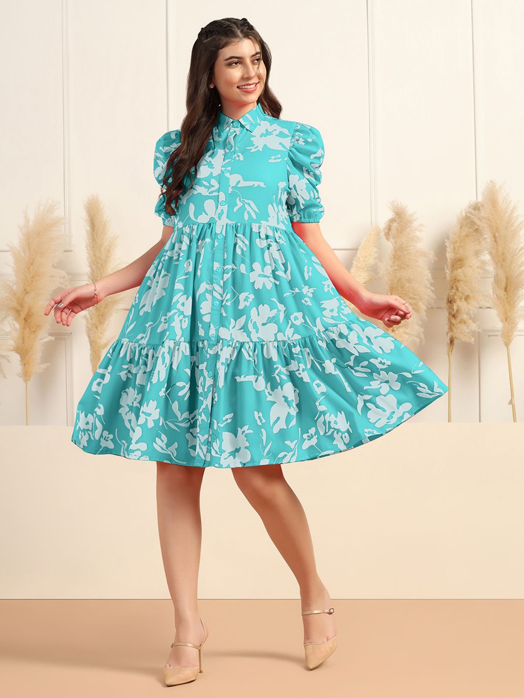 

OMPAX Women Shirt Collar Puff Sleeve Fit & Flare Dress, Turquoise blue