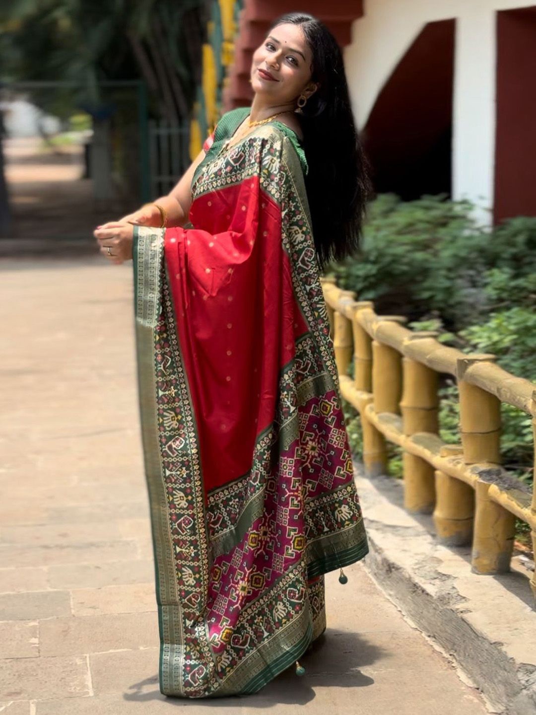 

Saree mall Ethnic Motifs Woven Design Zari Patola Sarees, Red