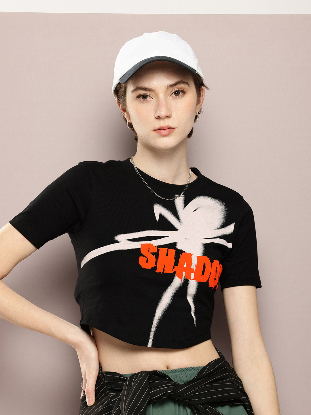 

Kook N Keech Graphic Printed Extended Sleeves Cropped Pure Cotton T-shirt, Black
