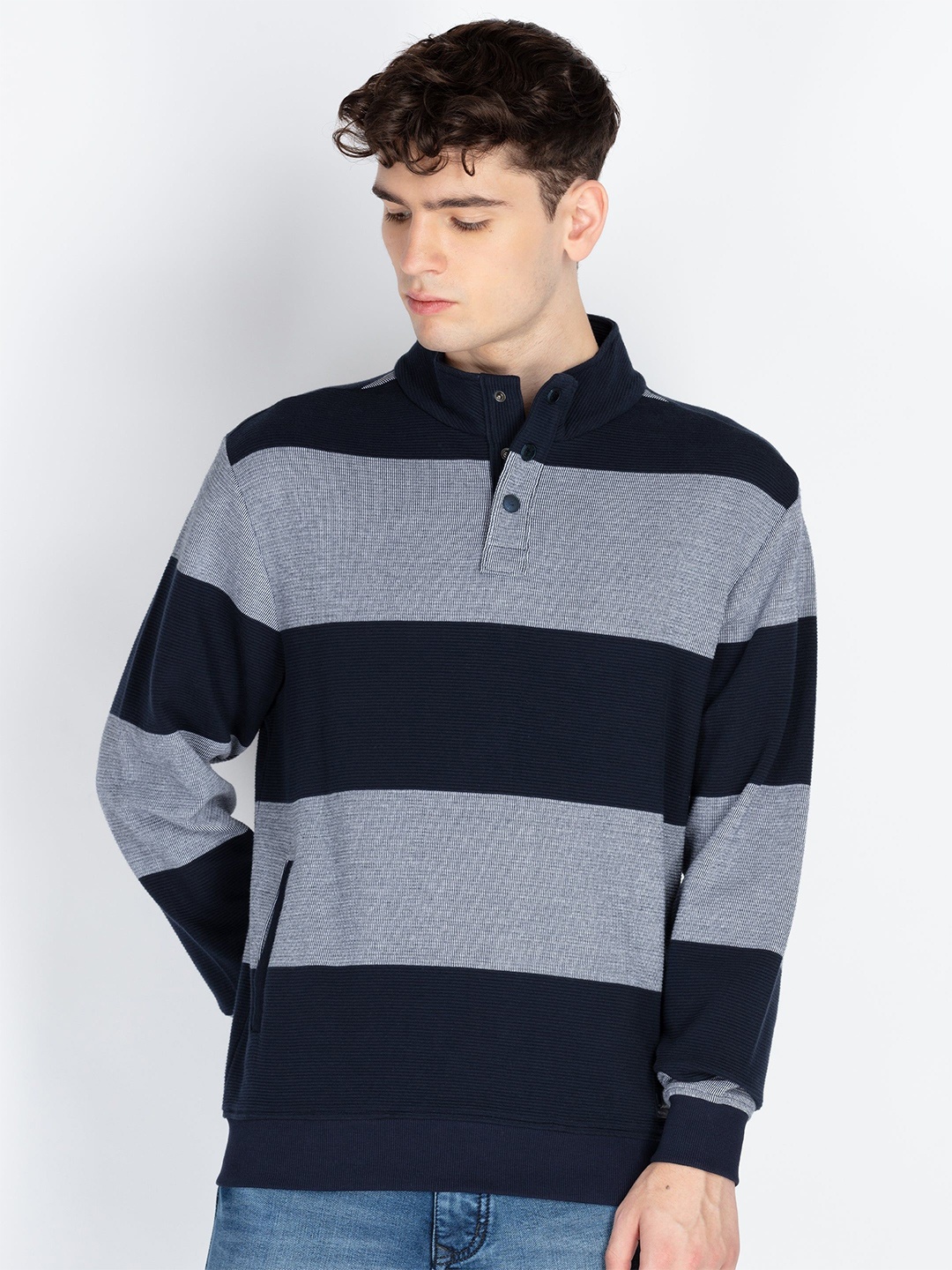 

Status Quo Men Cotton Striped Long Sleeves Sweatshirt, Navy blue