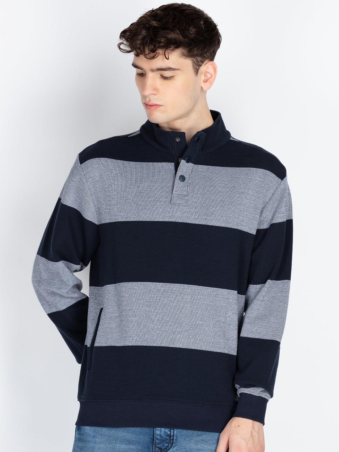 

Status Quo Men Cotton Striped Mock Collar Sweatshirt, Navy blue